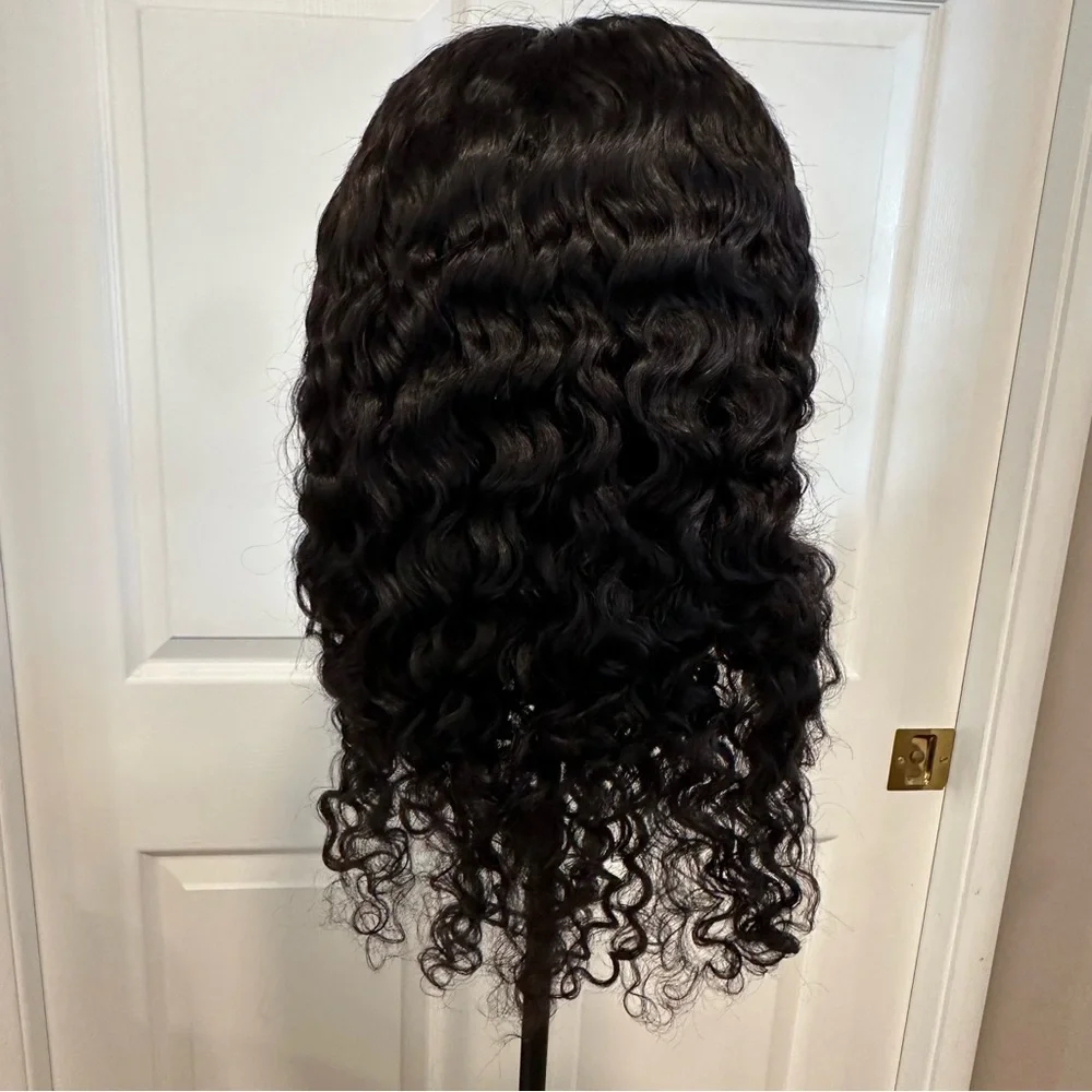 20” Natural Black Water Wave Human Hair 4x4 Lace Closure Wig 150% #QB3